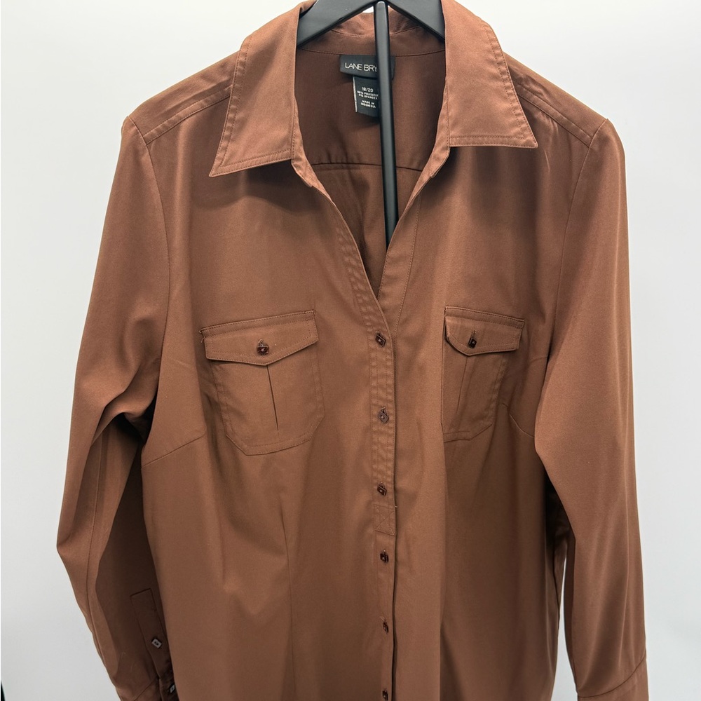 Lane Bryant 18/20 Brown Button Front Blouse Plus Size Stretch Long Sleeve